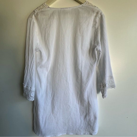 La Blanca White Lace Boho Tunic Blouse Beach Resort Cover Up Crochet Trim Size S - Picture 6 of 13